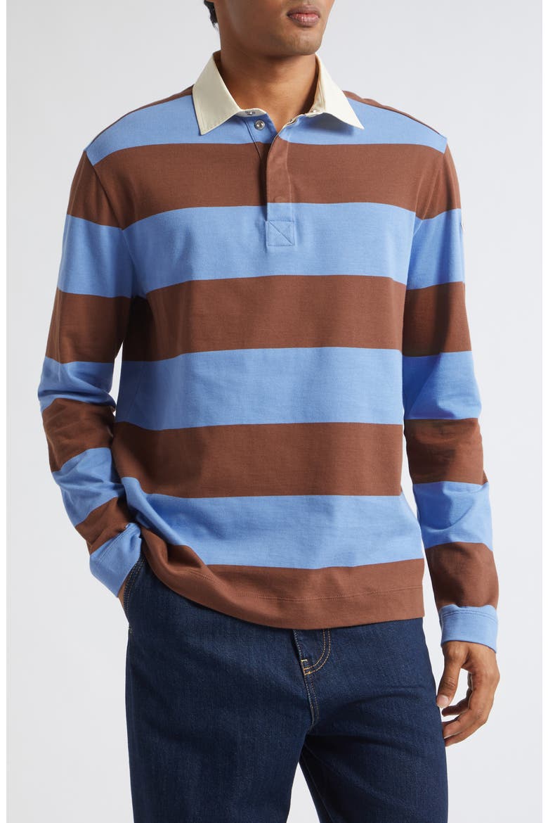 Long Sleeve Stripe Rugby Polo, Main, color, STRIPE AZURE/ BROWN