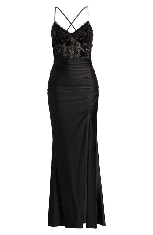 City Studio Beaded Bodice Front Slit Gown In Black