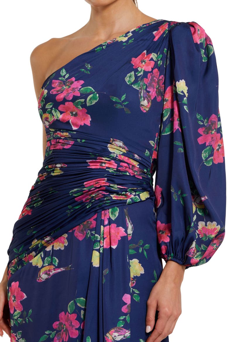Floral One-Sleeve Charmeuse Gown with Slit, Alternate, color, Navy Floral