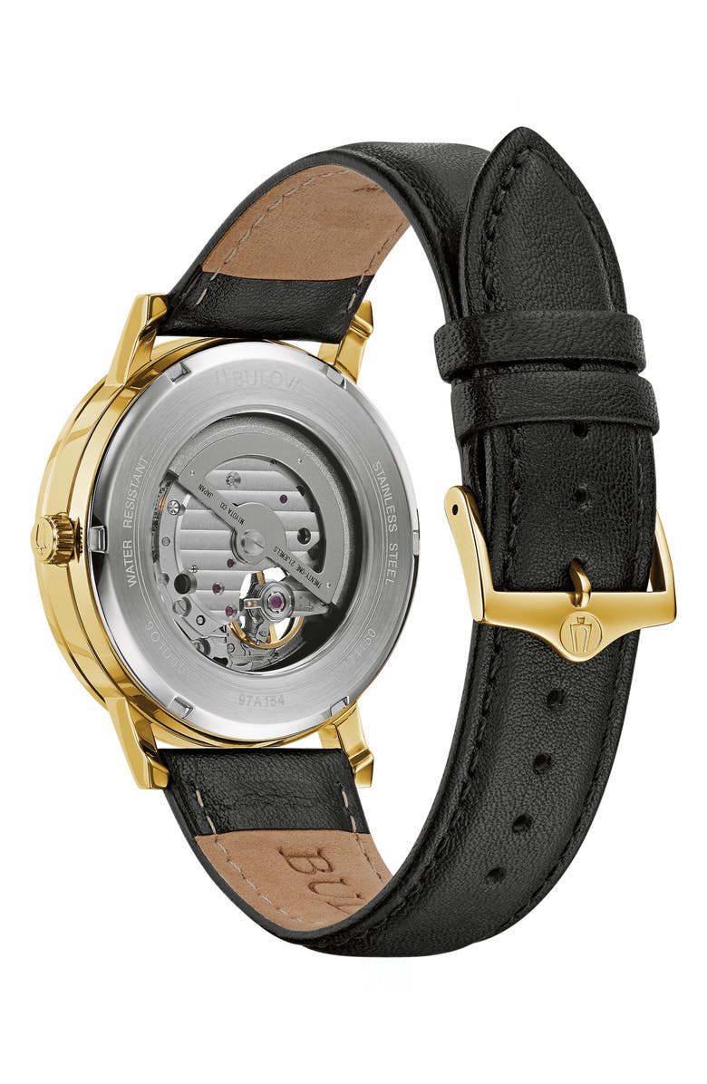 BULOVA Automatic Leather Strap Watch, 42mm, Alternate, color, Black