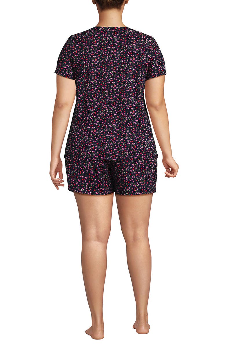 Lands' End Plus Size Knit 2 Piece Pajama Set - Short Sleeve Top and Shorts, Alternate, color, Deep Sea Floral Strawberries