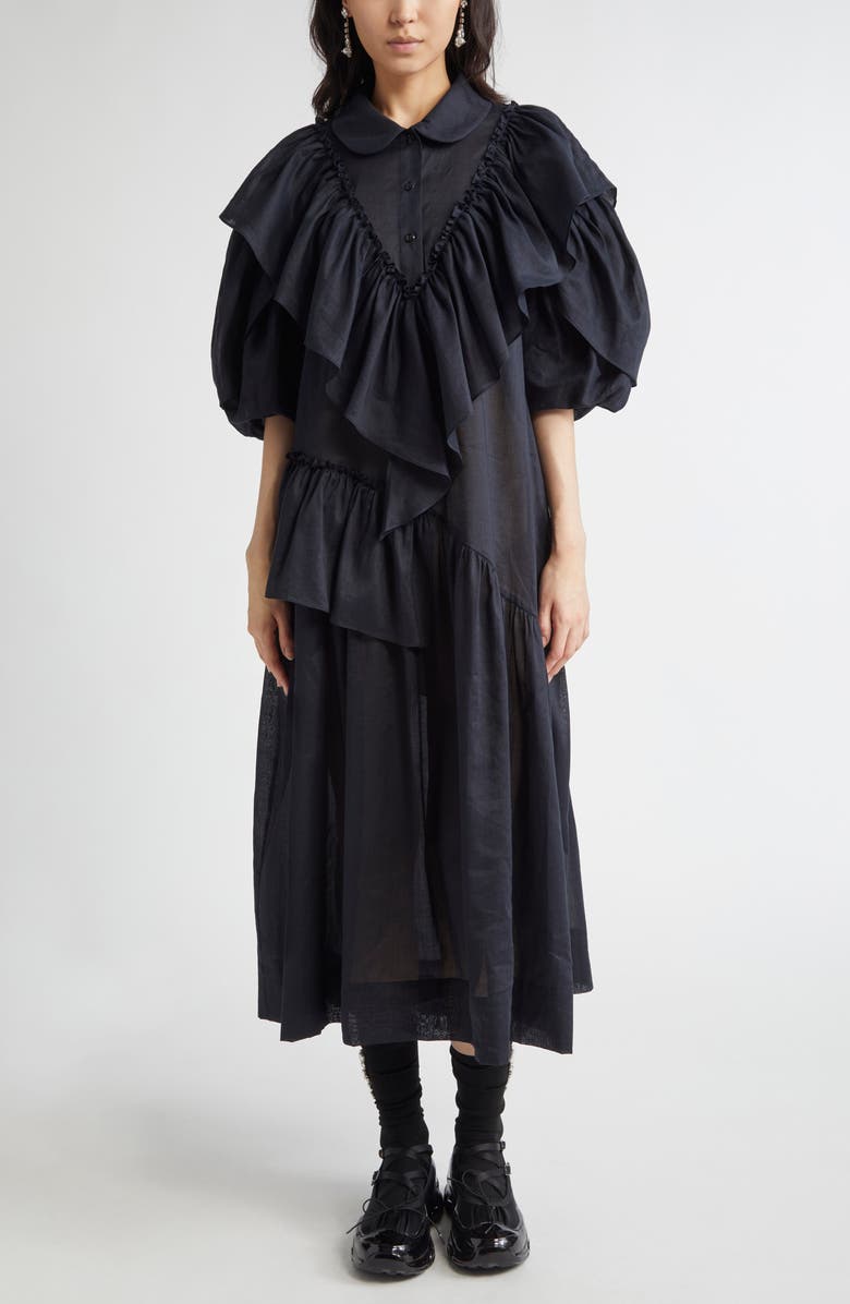 Simone Rocha Petal Sleeve Ruffle Voile Midi Dress, Main, color, 