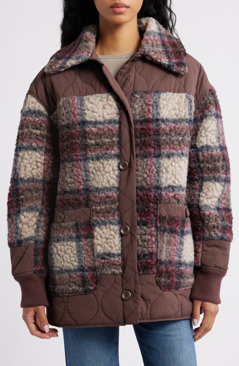 Free People Sana Quilted Plaid Fleece Bomber Jacket, Alternate, color, Pomegranate Combo