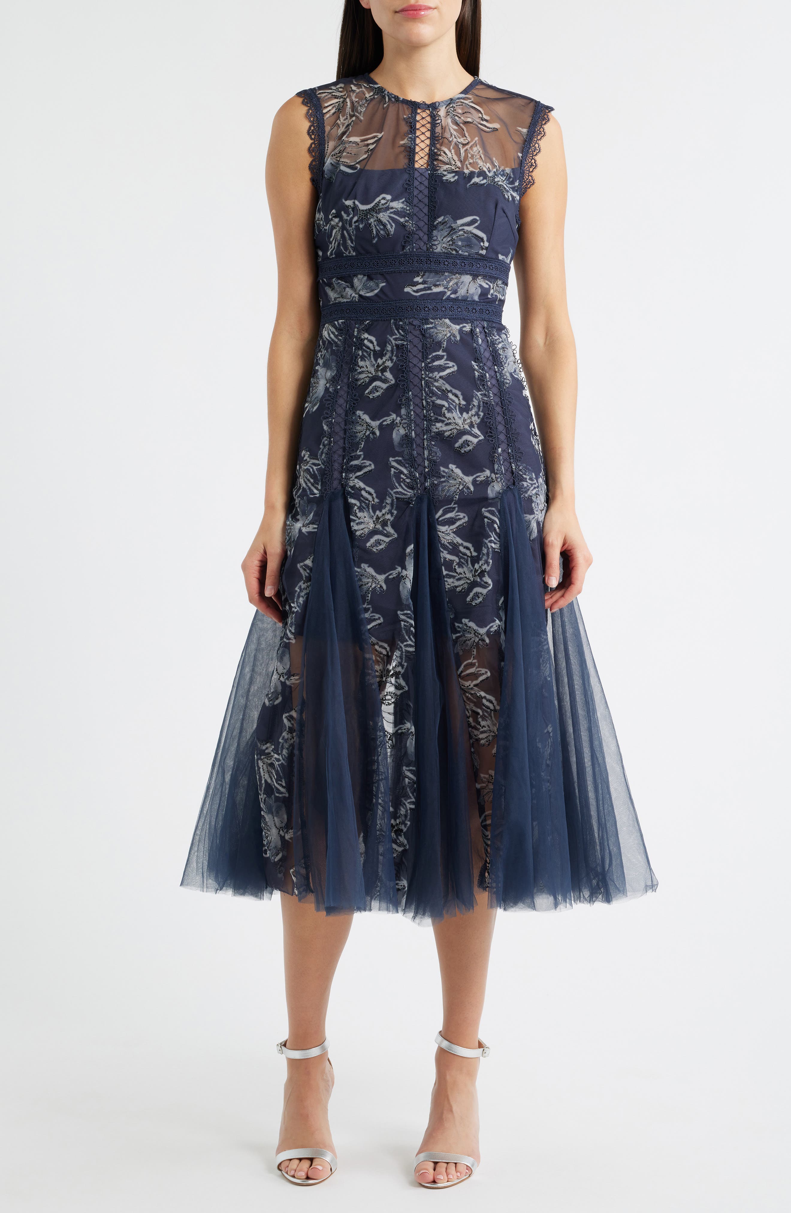 Arose Studio Serenity Floral Jacquard Godet Pleat Cocktail Midi Dress in Navy 