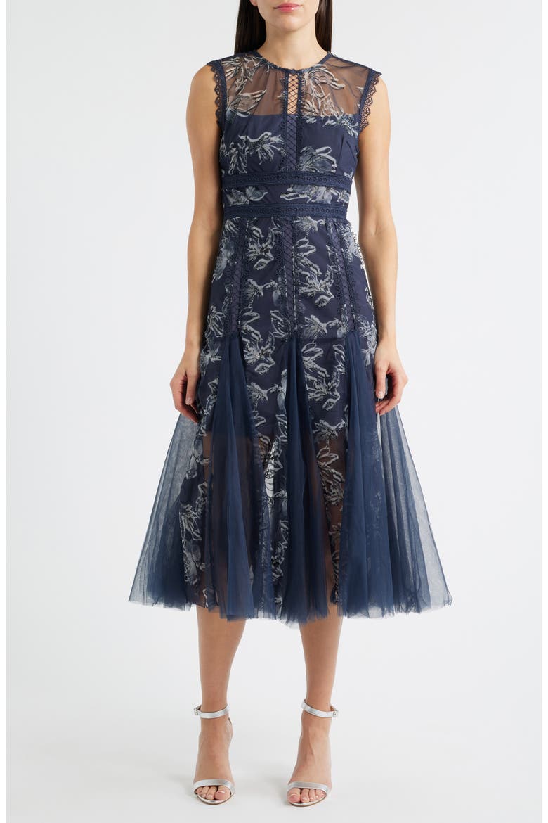 Serenity Floral Jacquard Godet Pleat Cocktail Midi Dress, Main, color, NAVY