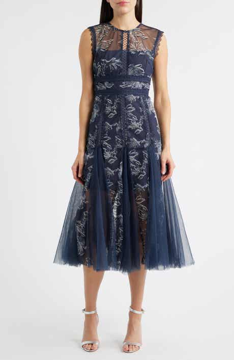 Arose Studio Serenity Floral Jacquard Godet Pleat Cocktail Midi Dress