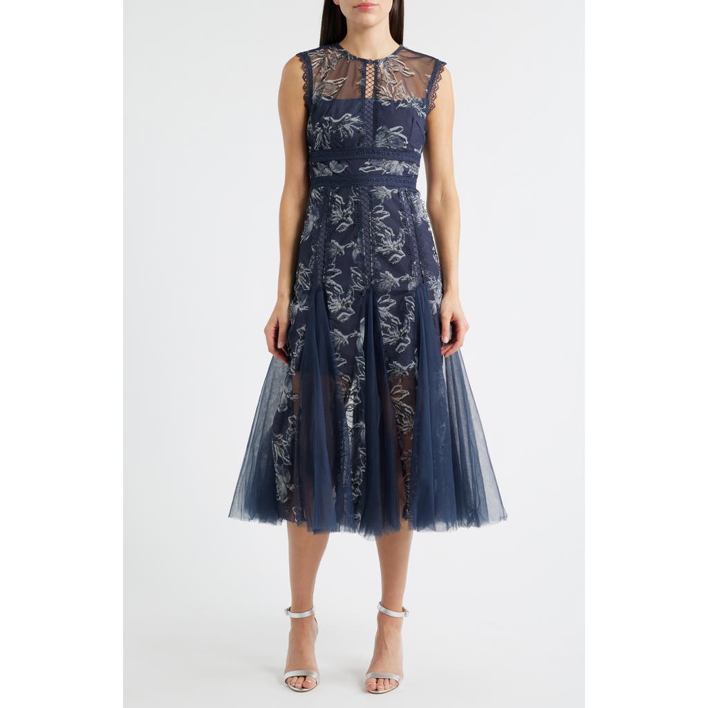 Arose Studio Serenity Floral Jacquard Godet Pleat Cocktail Midi Dress in Navy  product