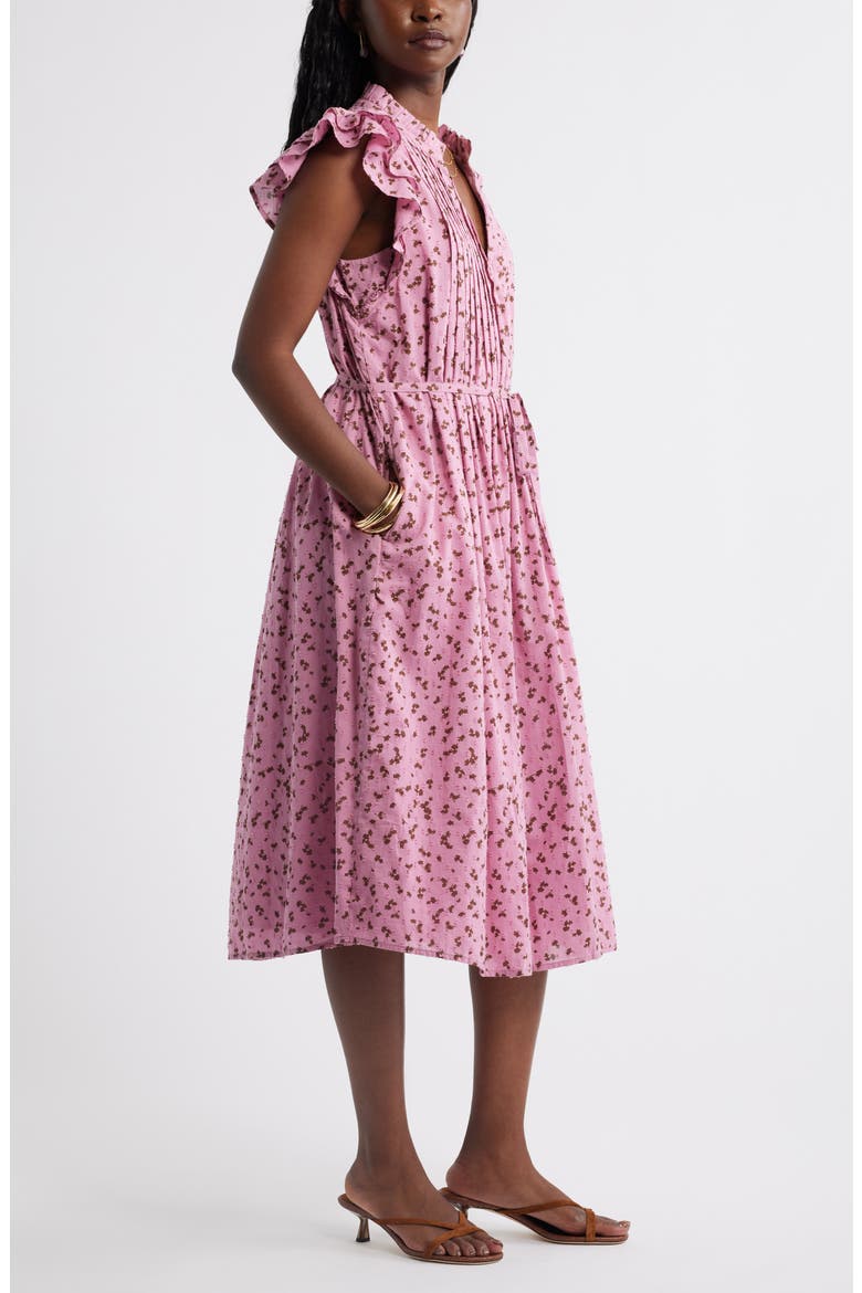 Ruffle Tie Waist Midi Dress, Alternate, color, PURPLE- BROWN JANET DITSY