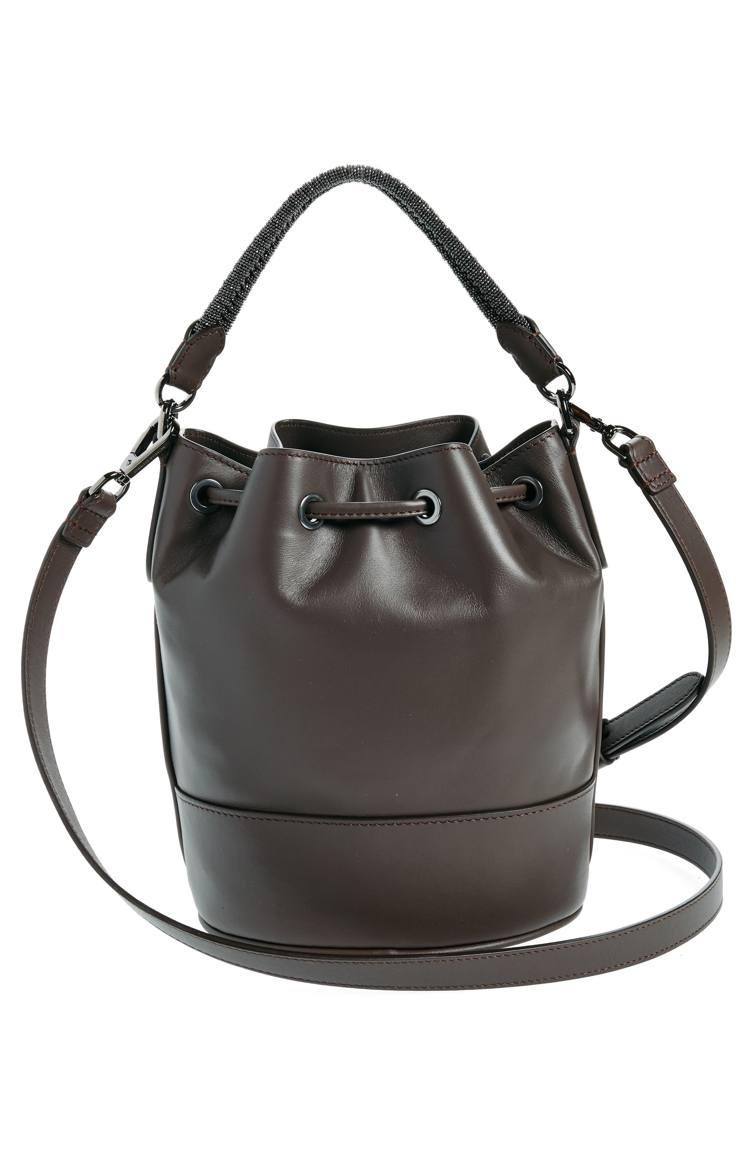 Brunello Cucinelli Monili Trim Leather Bucket Bag, Alternate, color, 