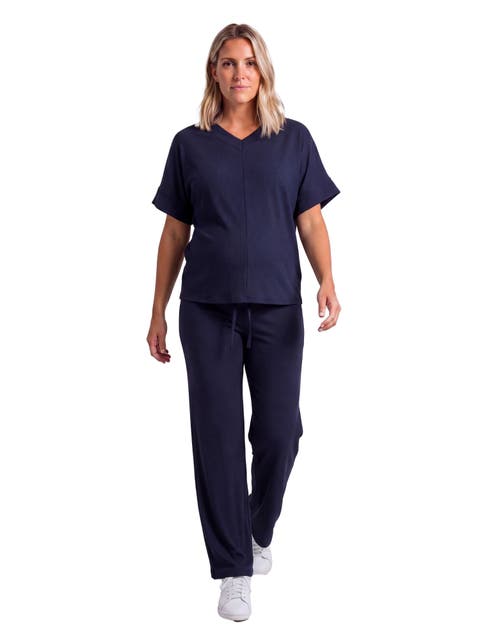 Maternity Basic Ribbed Knit Dolman Sleeve V-Neck Top and Drawstring Wide Leg Pant Set