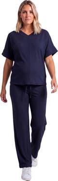 24seven Comfort Apparel Maternity Basic Ribbed Knit Dolman Sleeve V-Neck Top and Drawstring Wide Leg Pant Set