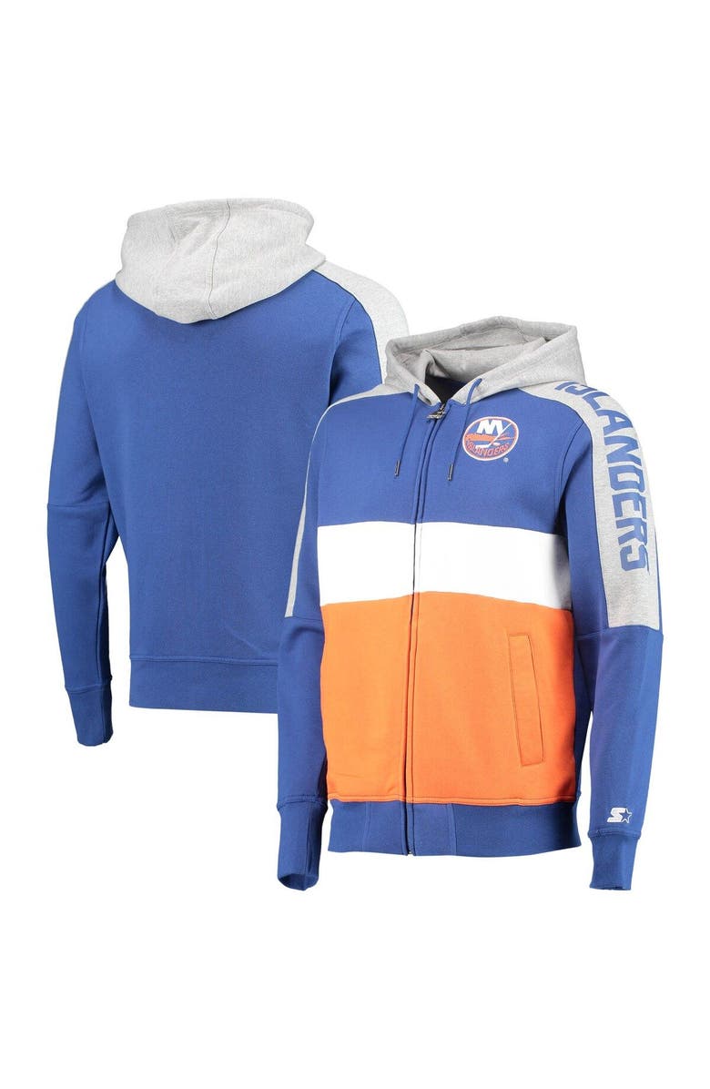 STARTER Men's Starter Royal/Orange New York Islanders Playoffs Color Block Full-Zip Hoodie, Main, color,