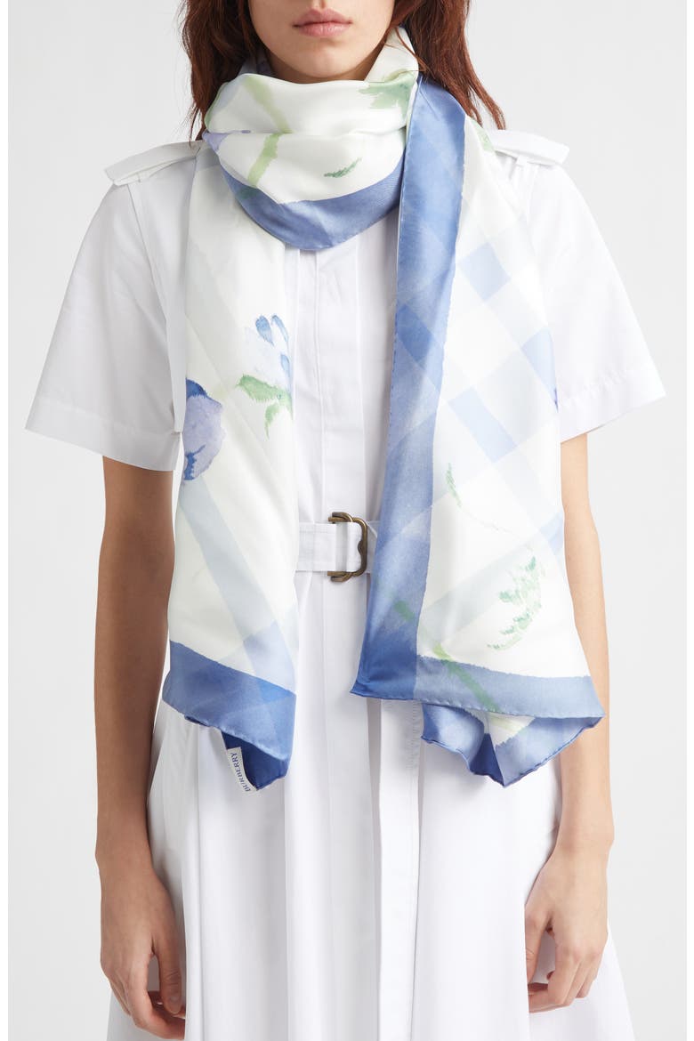 Anemone Watercolor Check Silk Scarf, Alternate, color, CORNFLOWER BLUE