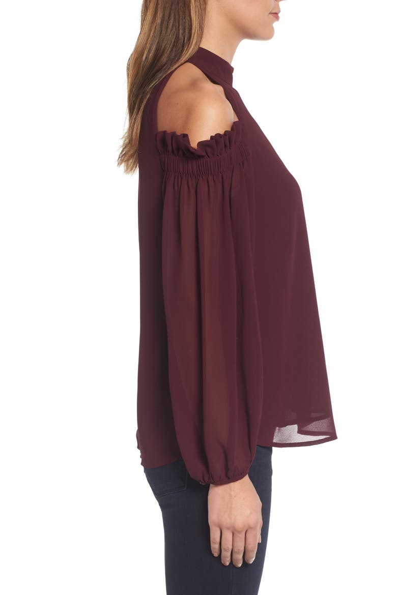 Ruffle Cold Shoulder Top, Alternate, color, BURGUNDY STEM