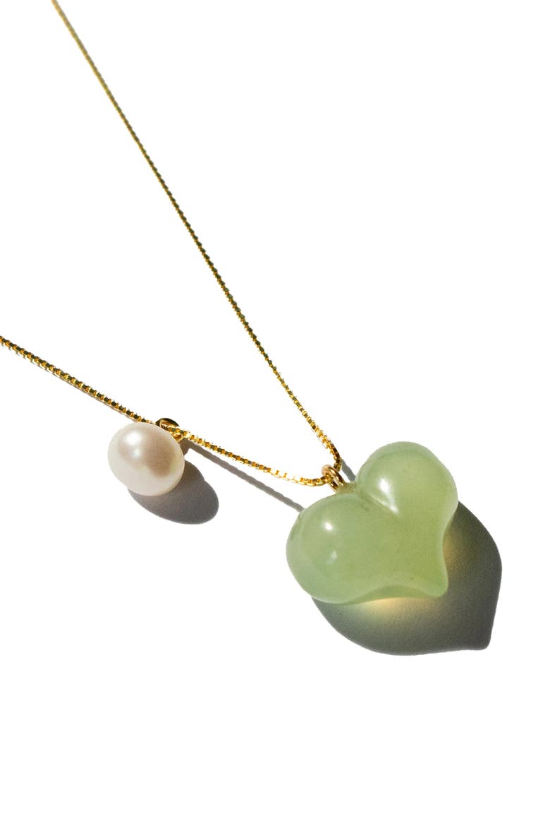 Puffed Heart Green Jade and Pearl Pendant Necklace, Alternate, color, Light green