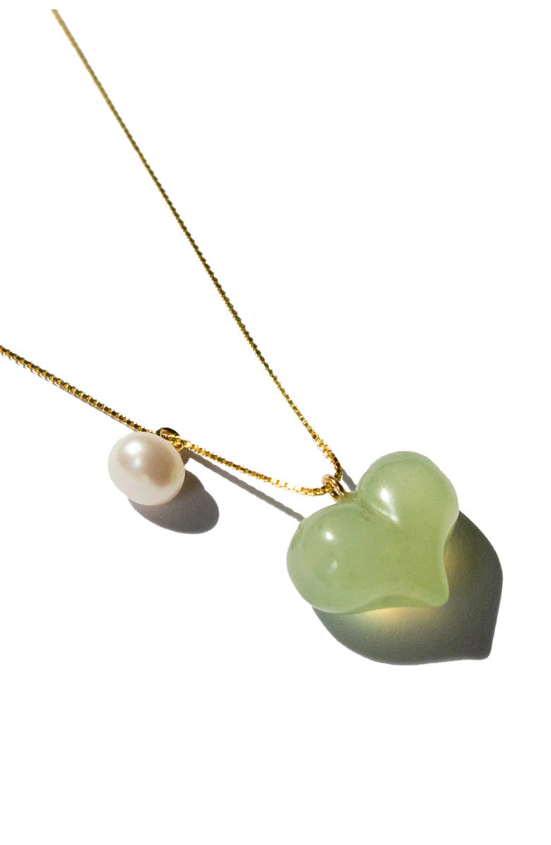 seree Puffed heart Green jade & pearl pendant necklace, Alternate, color, Light Green