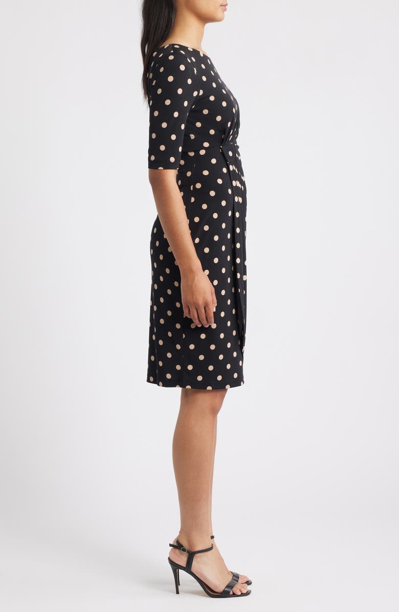 Connected Apparel Polka Dot Faux Wrap Dress, Alternate, color, Black/ Camel
