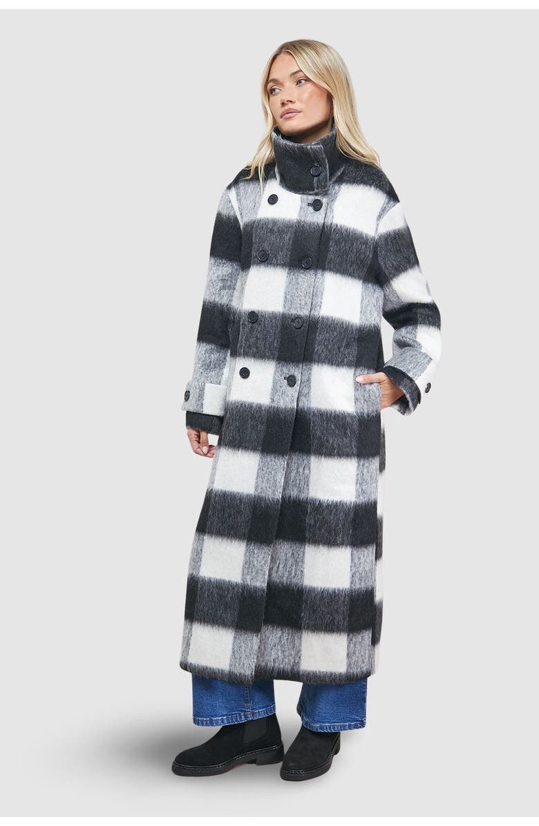 Oasis Brushed Check Funnel Neck Coat, Main, color, Black