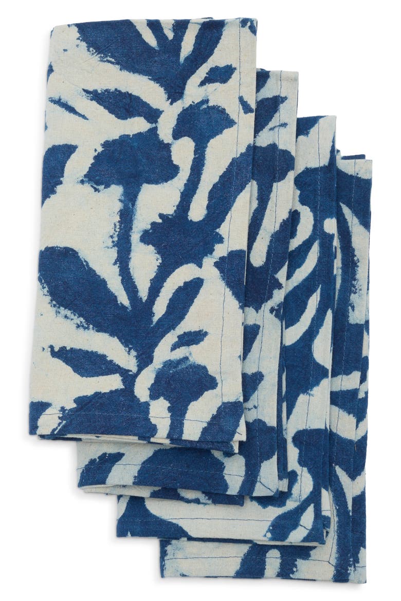 Block Print Flourish Set of 4 Napkins, Main, color, BLUE MULTI
