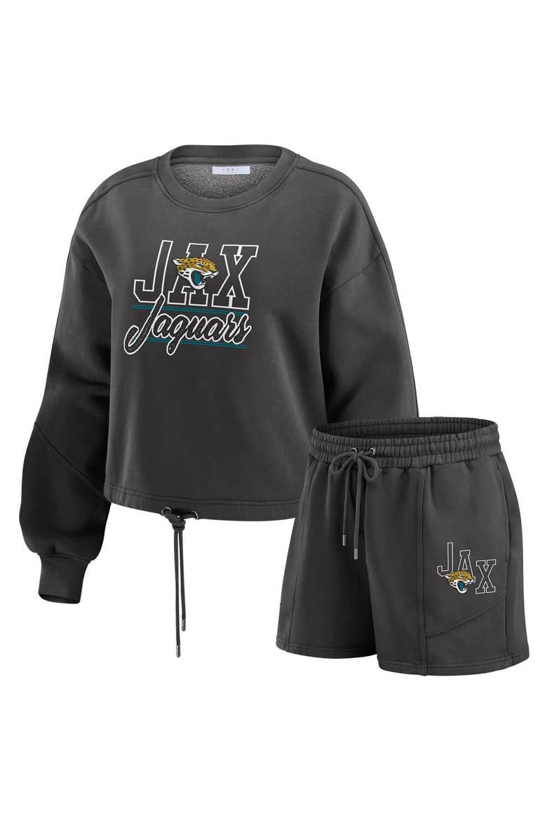 Women's WEAR by Erin Andrews Black Jacksonville Jaguars Washed Fleece Long Sleeve T-Shirt & Shorts Lounge Set, Alternate, color, Black