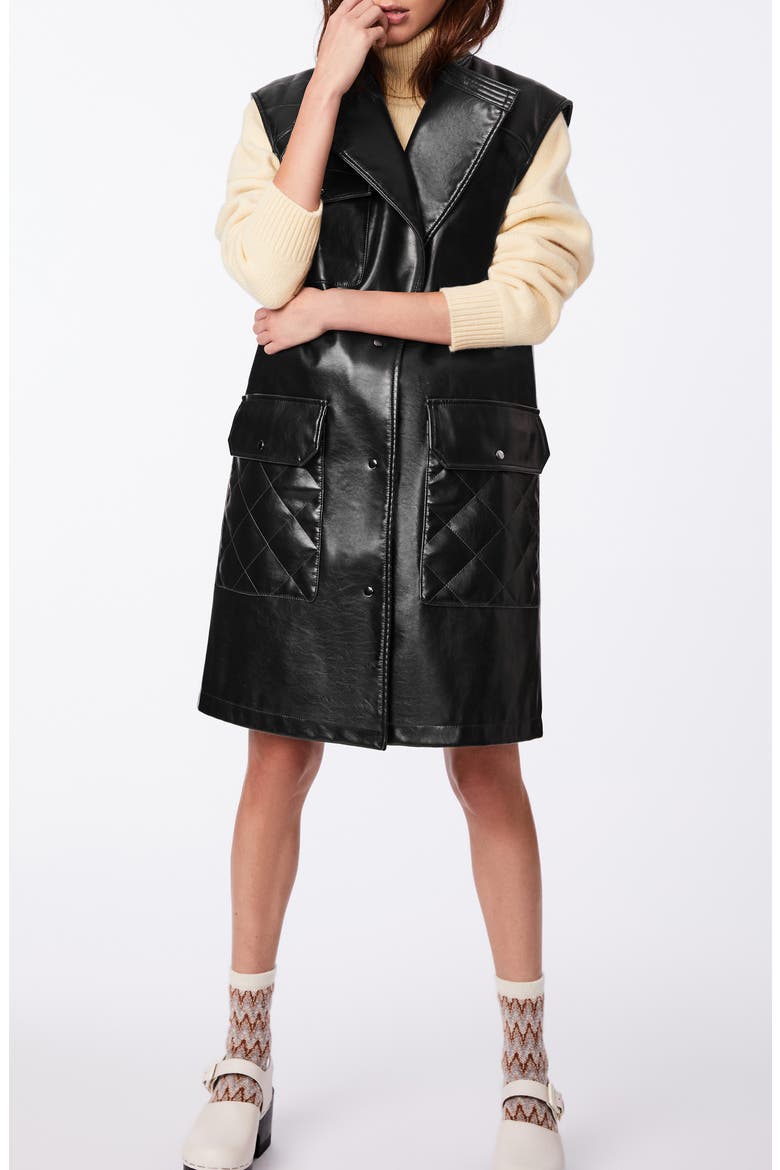 Pull Up Faux Leather Long Vest, Alternate, color, BLACK