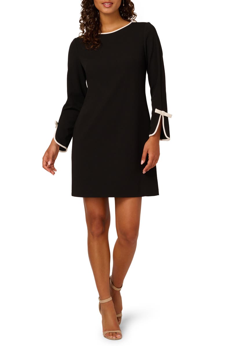 Adrianna Papell Long Sleeve Contrast Trim Crepe Dress, Main, color, Black/ Ivory