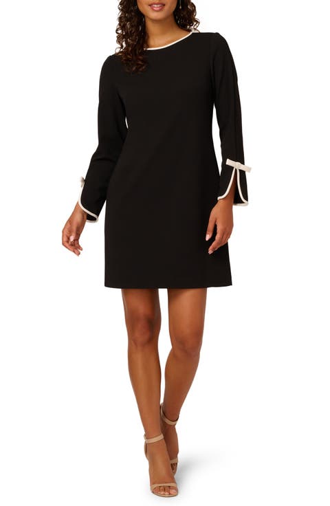 Long Sleeve Contrast Trim Crepe Dress