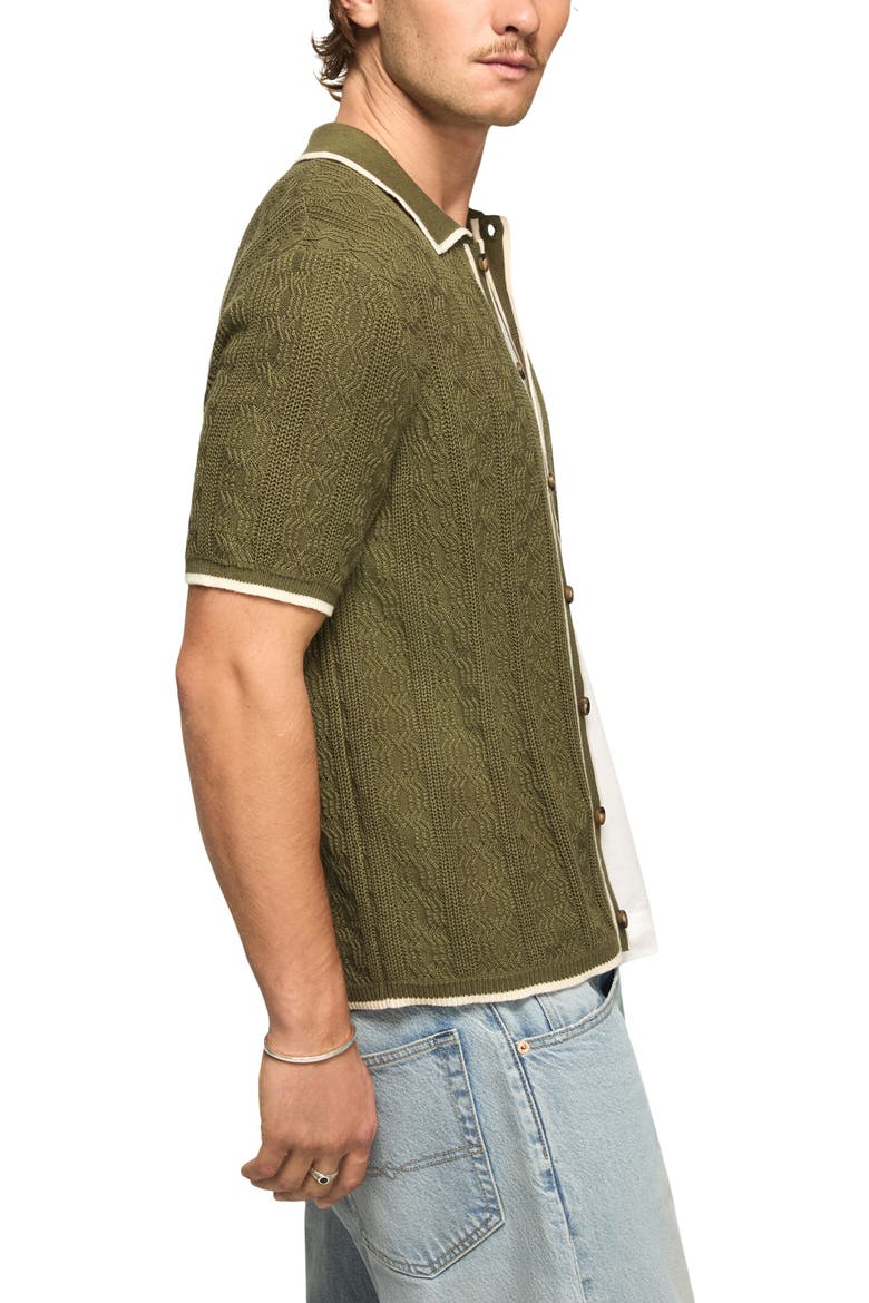 Tipped Short Sleeve Cardigan, Alternate, color, BURNT OLIVE