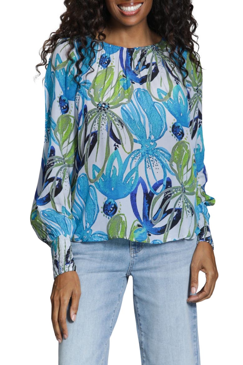 Print Blouson Sleeve Top, Main, color, BLUE GREEN MULTI