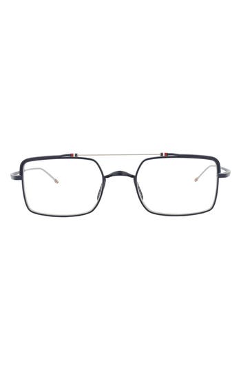 Thom Browne 49mm Rectangular Optical Frames In Matte Navy Silver