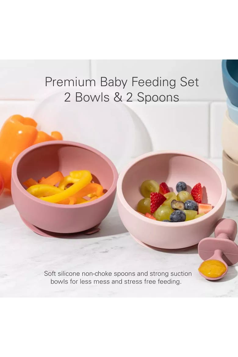 Silicone Suction Bowl Set with Lids and Spoons, Waterproof Bibs, Stacking Teether Toys, BPA Free Baby Shower Kit, Alternate, color, Pink