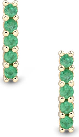 14K Yellow Gold Emerald Bar Stud Earrings