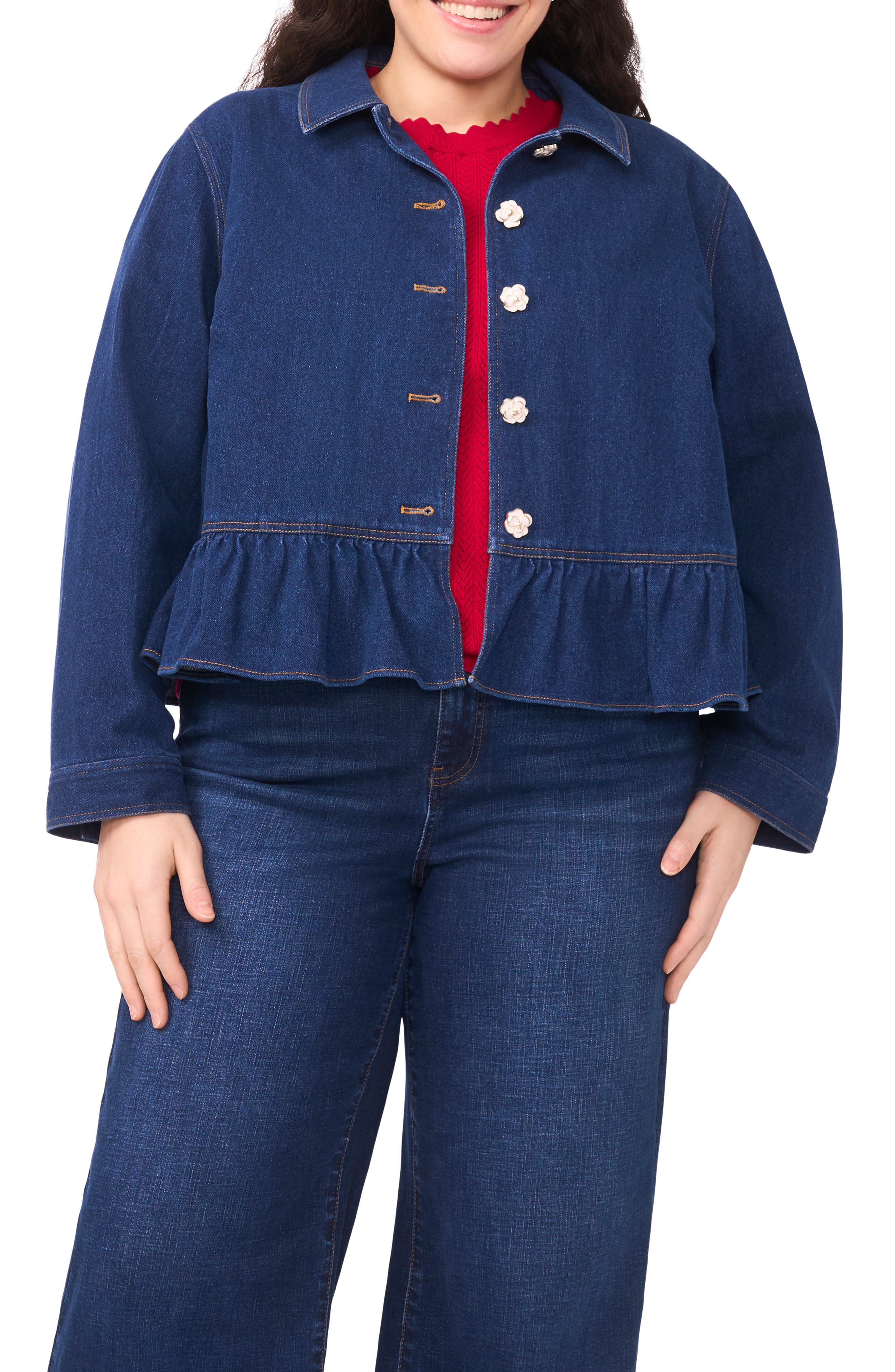 CeCe Floral Button Peplum Denim Jacket