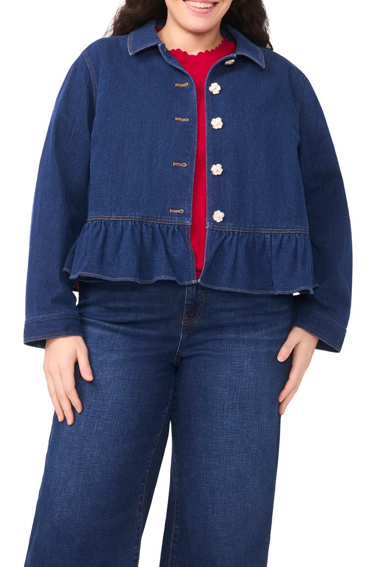 Floral Button Peplum Denim Jacket, Main, color, MID INDIGO