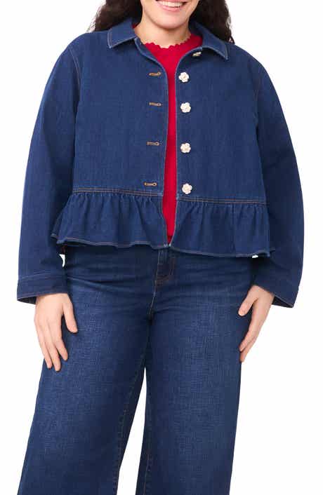 CeCe Floral Button Peplum Denim Jacket