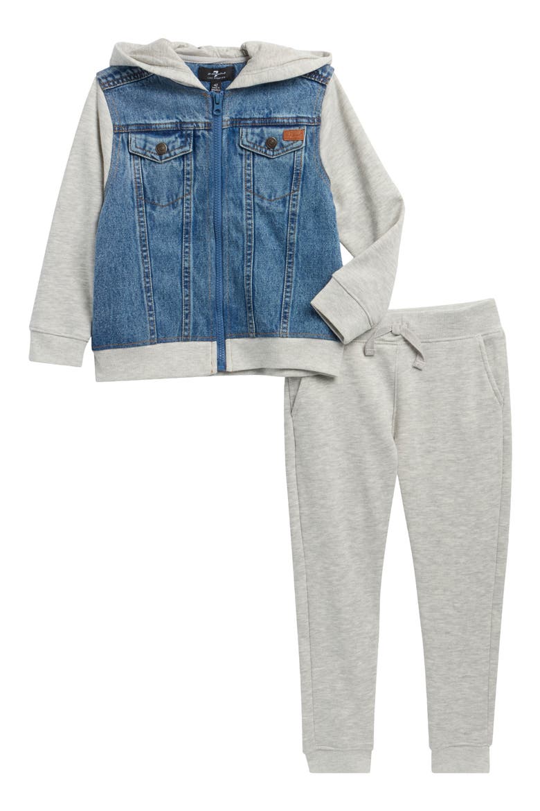 Kids' Denim Bomber Jacket & Fleece Joggers Set, Main, color, HEATHER GRAY