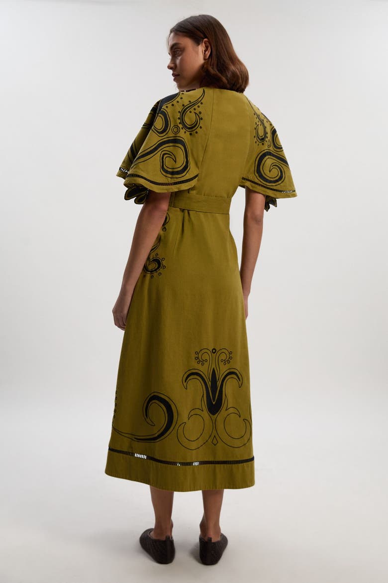 Baroque Cape Sleeve Midi Dress, Alternate, color, Khaki