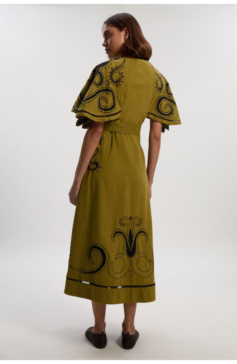 Karen Millen Baroque Cape Sleeve Midi Dress, Alternate, color, Khaki