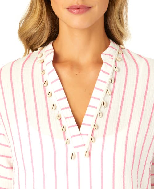 Anne Cole Maxi Dress With Side Slits And Shell Details Cover Up In Pink Cosmos Stripe