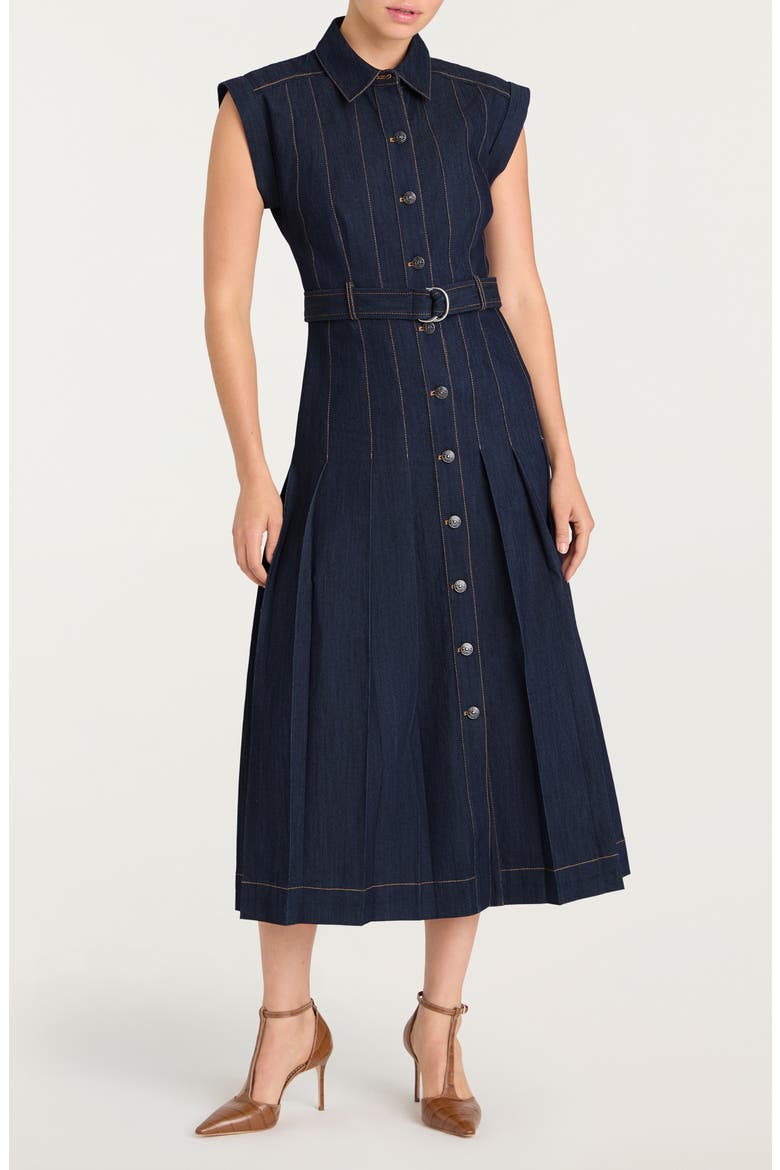 Karter Pleated Belted Denim Midi Dress, Main, color, INDIGO