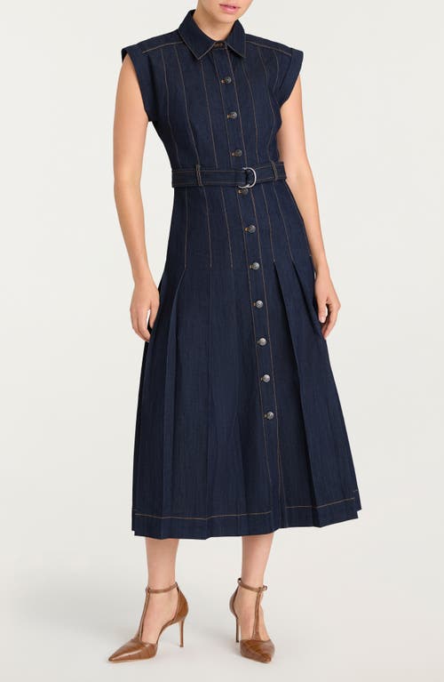 Cinq À Sept Karter Pleated Belted Denim Midi Dress In Purple