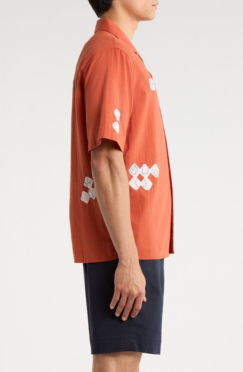 Wax London Didicot Scribble Appliqué Cotton Seersucker Camp Shirt, Alternate, color, Terracotta / Ecru
