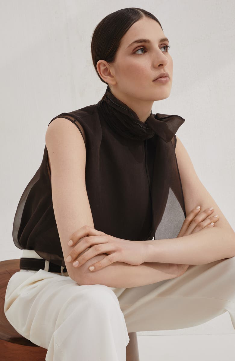 Brunello Cucinelli Pussybow top with monili, Alternate, color, Cocoa