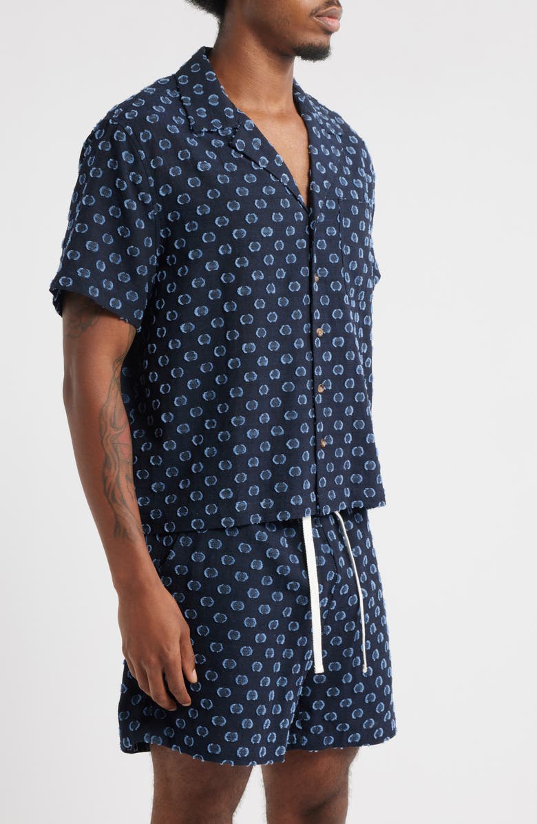 RIZORT Jame Dot Print Cotton & Linen Camp Shirt, Alternate, color, Navy