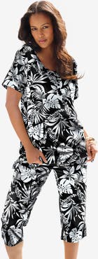 Roaman's Plus Size 2-Piece Printed Henley Top and Capri Set