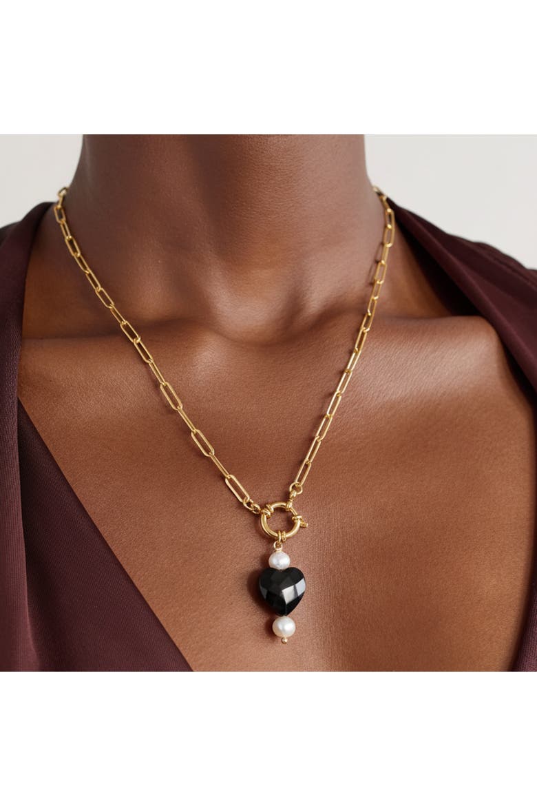 Paperclip Chain Necklace with Black Heart Pendant, Alternate, color, Metallic Gold