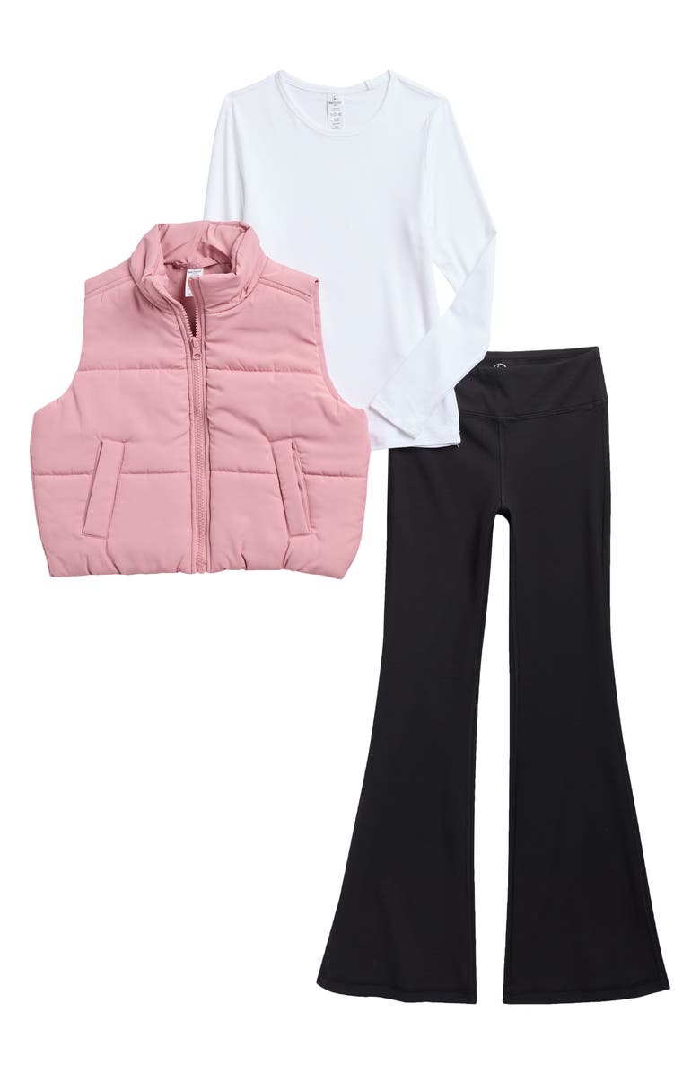 90 DEGREE BY REFLEX Kids' Quilted Vest, Long Sleeve Top & Flare Pants Set, Main, color, 