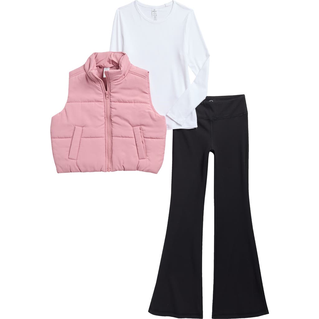 90 Degree By Reflex Kids' Quilted Vest, Long Sleeve Top & Flare Pants Set In Multi