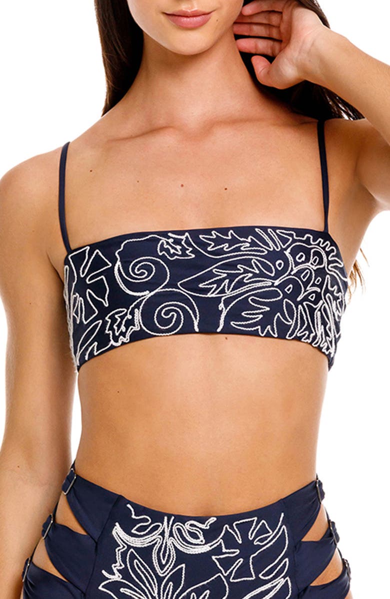 Agua Bendita Brietta Batik Embroidered Bikini Top, Main, color, Navy Blue