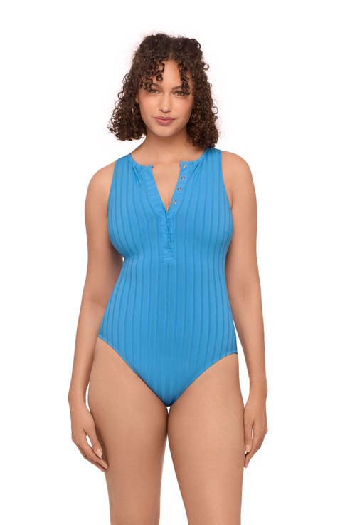 Wide Rib Snap High Neck One Piece Swimsuit
